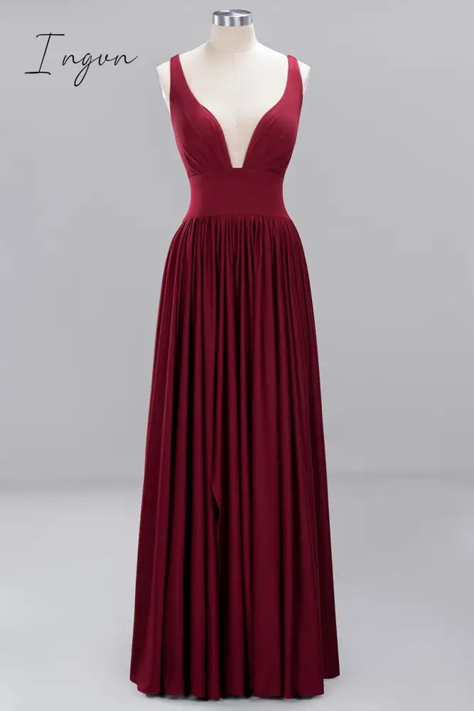 Ingvn - Sexy Bridesmaid Dresses Satin Simple V Neck High Slit Wedding Party Backless Evening Robe For Cccasion Long Prom Gown