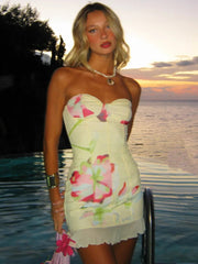 Off-shoulder Strapless Sexy Mini Dress For Women Robe Yellow Sleeveless Backless Ruffled Printed Club Dress Vestido