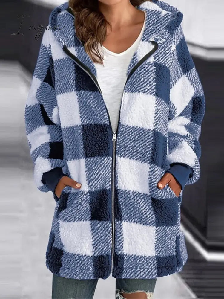 Ingvn - Women's Sherpa Jacket Fleece Long Teddy Coat Windproof Warm Home Christmas Daily Wear Vacation Zipper Pocket Zipper Hoodie Ordinary Modern Plush Plaid Regular Fit Outerwear Long Sleeve Winter Fall