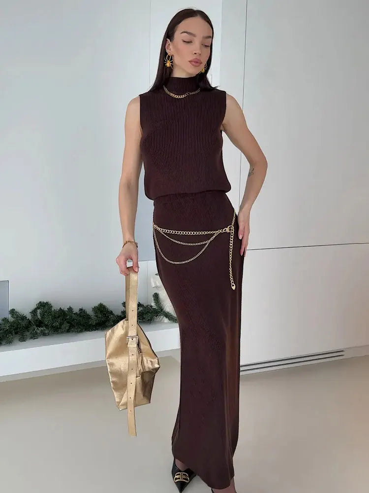 Elegant Knitwear 2 Piece-Set Long Dress Female Ribbed Sweater Pullover And Loose Patchwork Maxi Skirt Sets Ladies Outfits