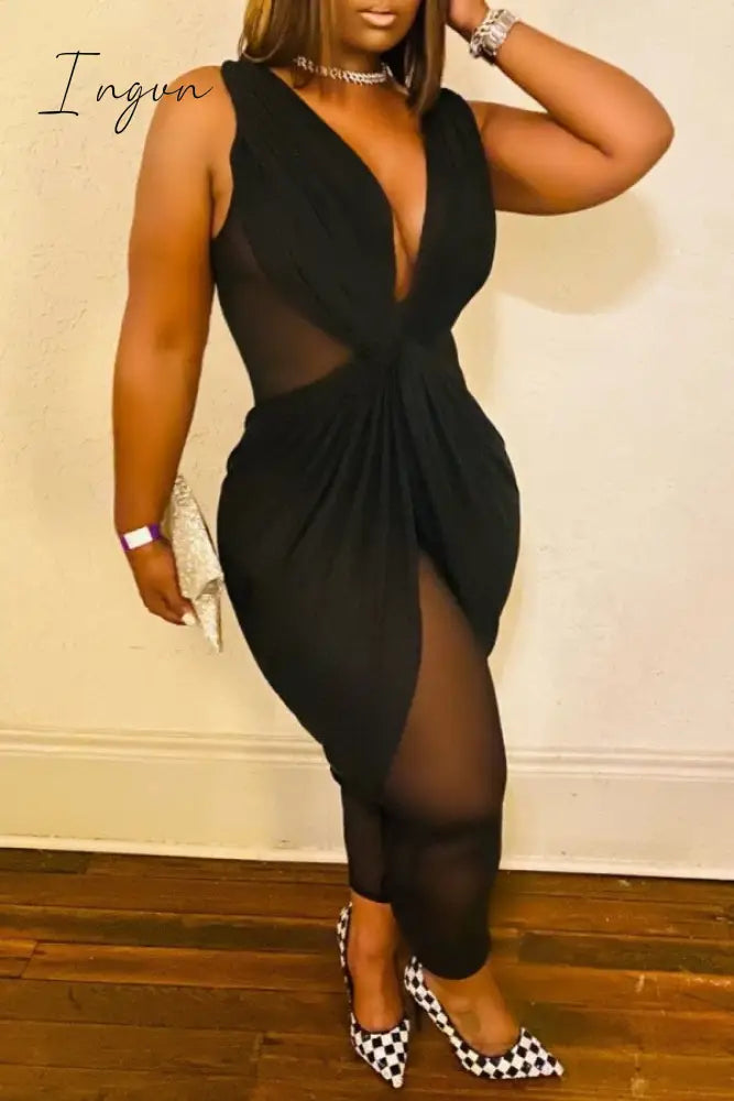 Ingvn - Black Sexy Casual Solid Patchwork See-through V Neck Plus Size Jumpsuits