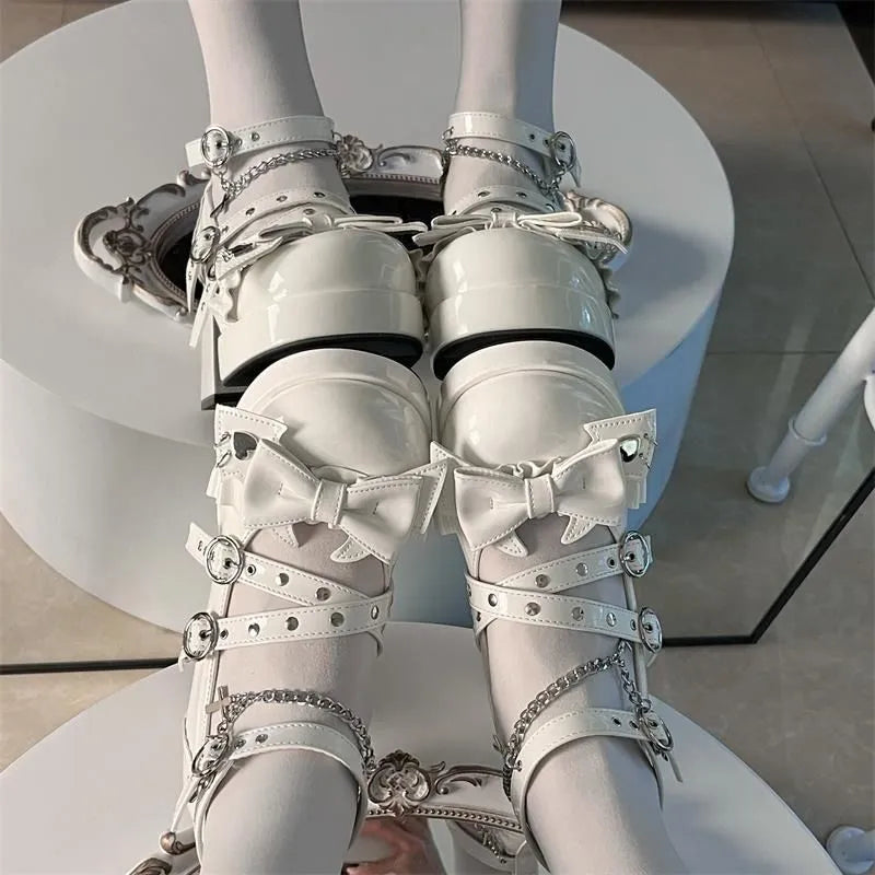 Spring Women Pumps Lolita Mary Jane Platform Chunky High Heel Ladies Sandals Female Sweet Bow-knot Round Toe Ankle Straps Shoes