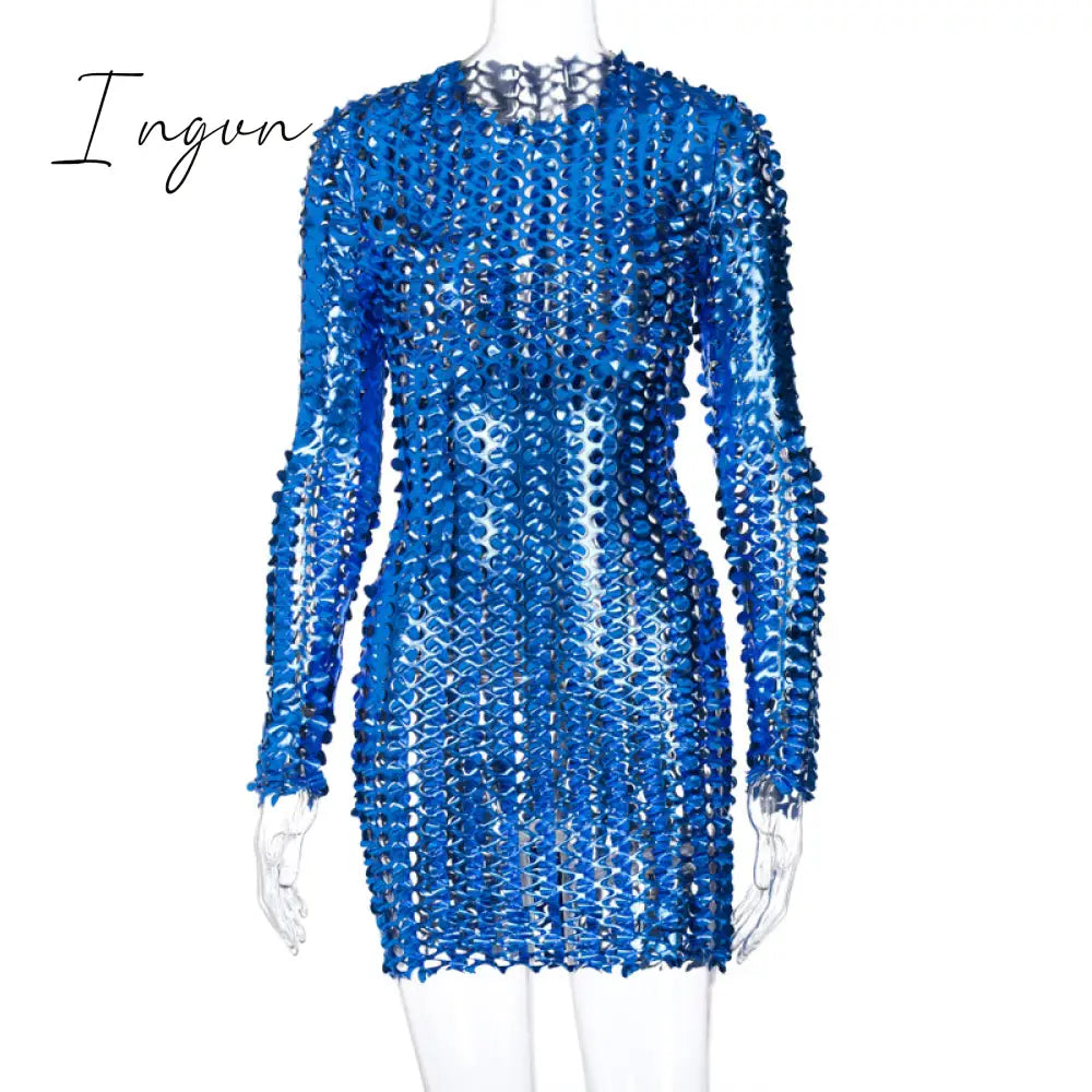 Ingvn - Long Sleeve Cut Out Solid Skinny Sexy Mini Dress Autumn Winter Women Fashion Party Club Elegant Outfits