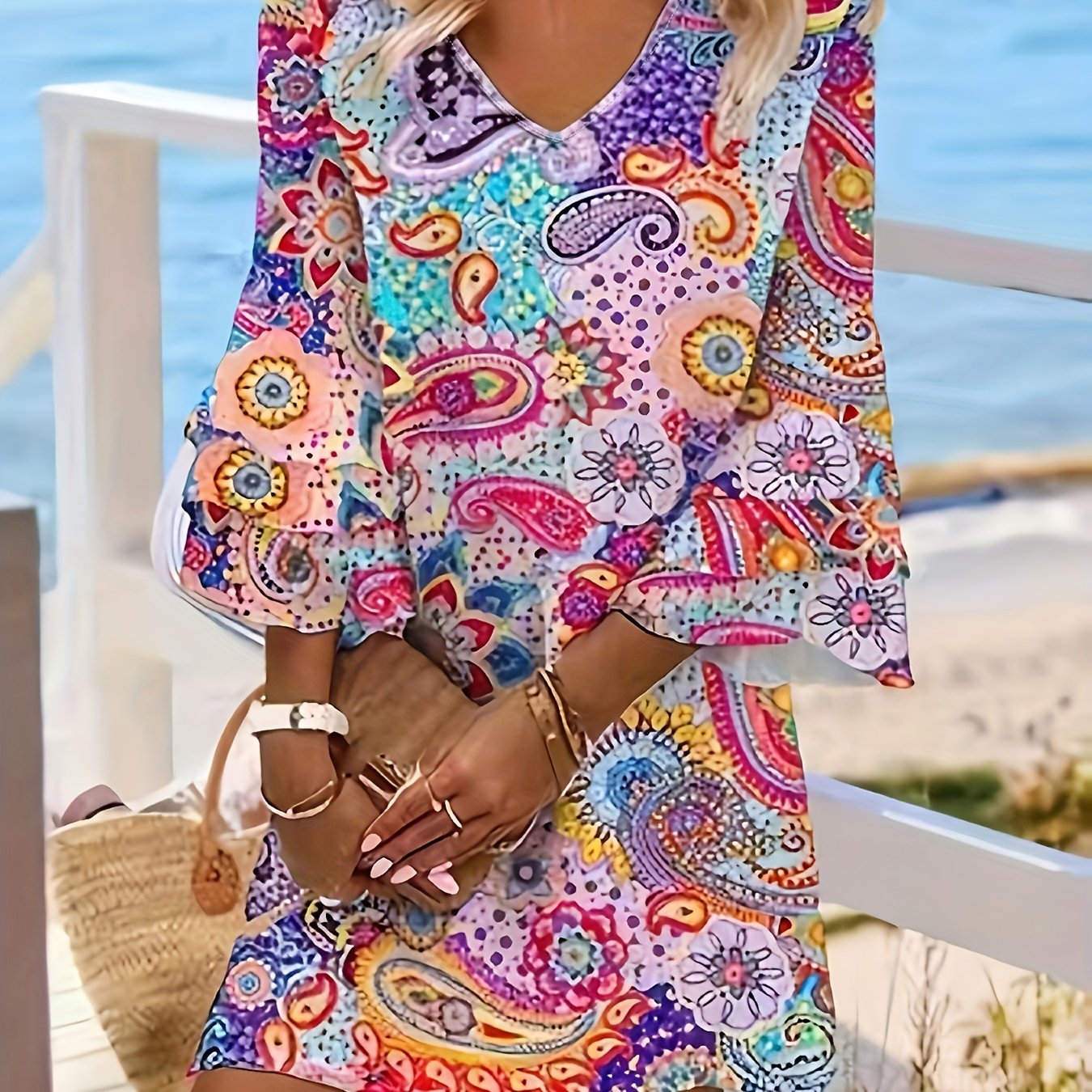 Bohemian Paisley Print Dress - Flowy Layered Skirt - Bell Sleeves - Perfect for Beach Holidays & Casual Summer Days, Womens Fashion