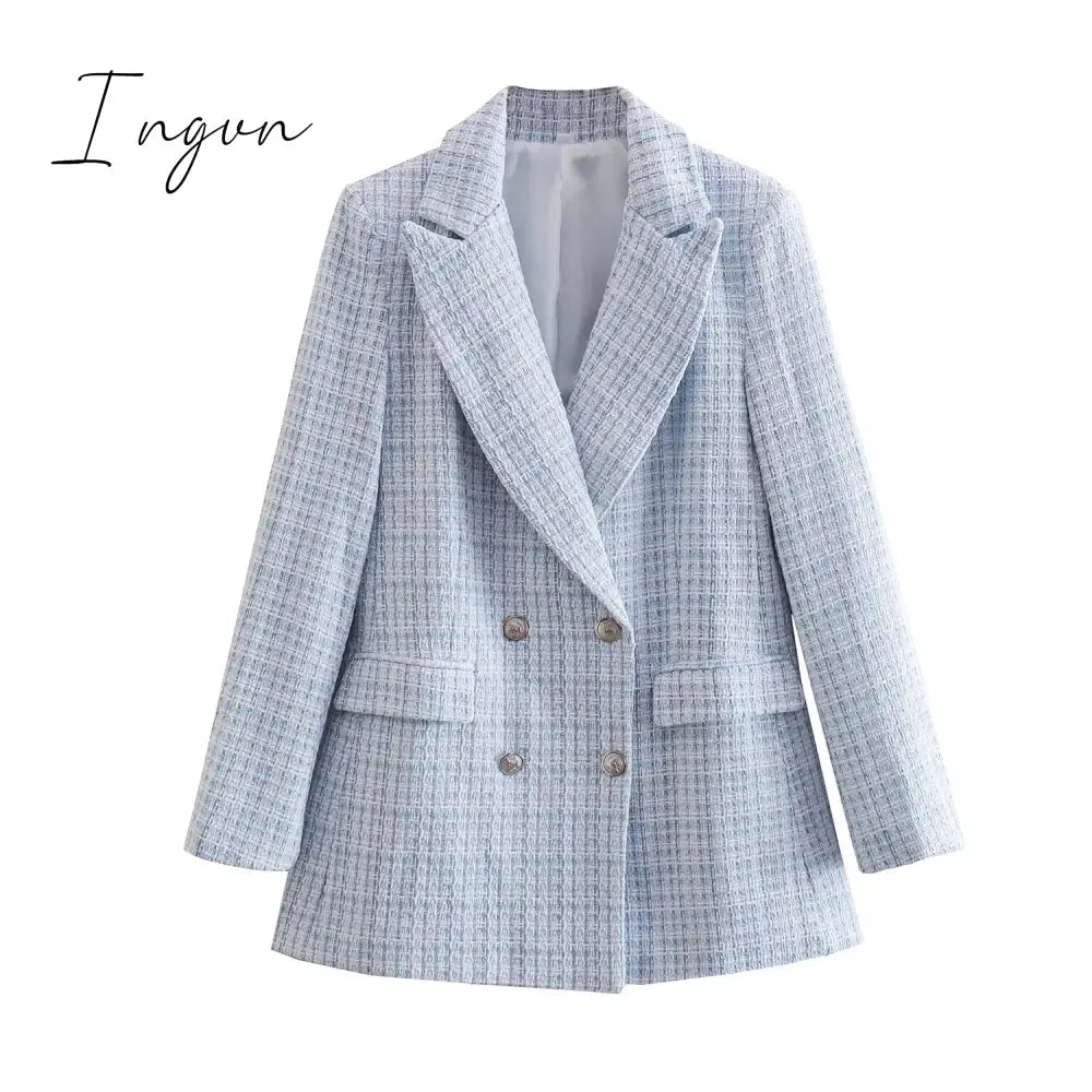 Ingvn - Fashion Casual Double Breasted Tweed Women Blazer Coat New Long Spring Autumn Jackets Coats Female Chic Office Lady Tops