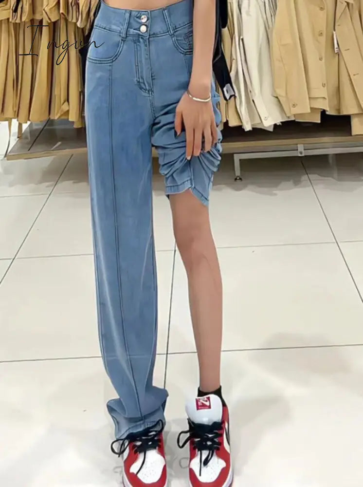 Ingvn - Vintage Jeans for Women 2023 New High Waisted Korean Fashion 2 Button Slim Straight Jeans Streetwear Chic Casual Jeans