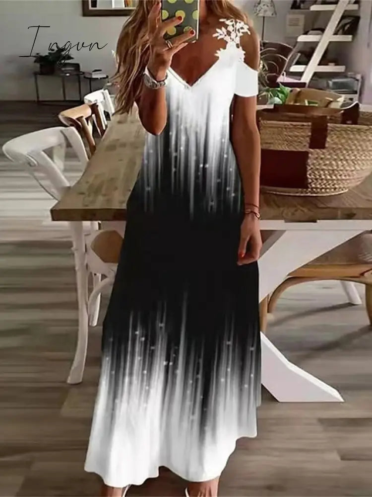 Ingvn - Women's Long Dress Maxi Dress Casual Dress A Line Dress Floral Dress Floral Print Ombre Fashion Casual Outdoor Daily Holiday Cut Out Print Short Sleeve V Neck Dress Regular Fit Light Yellow Black
