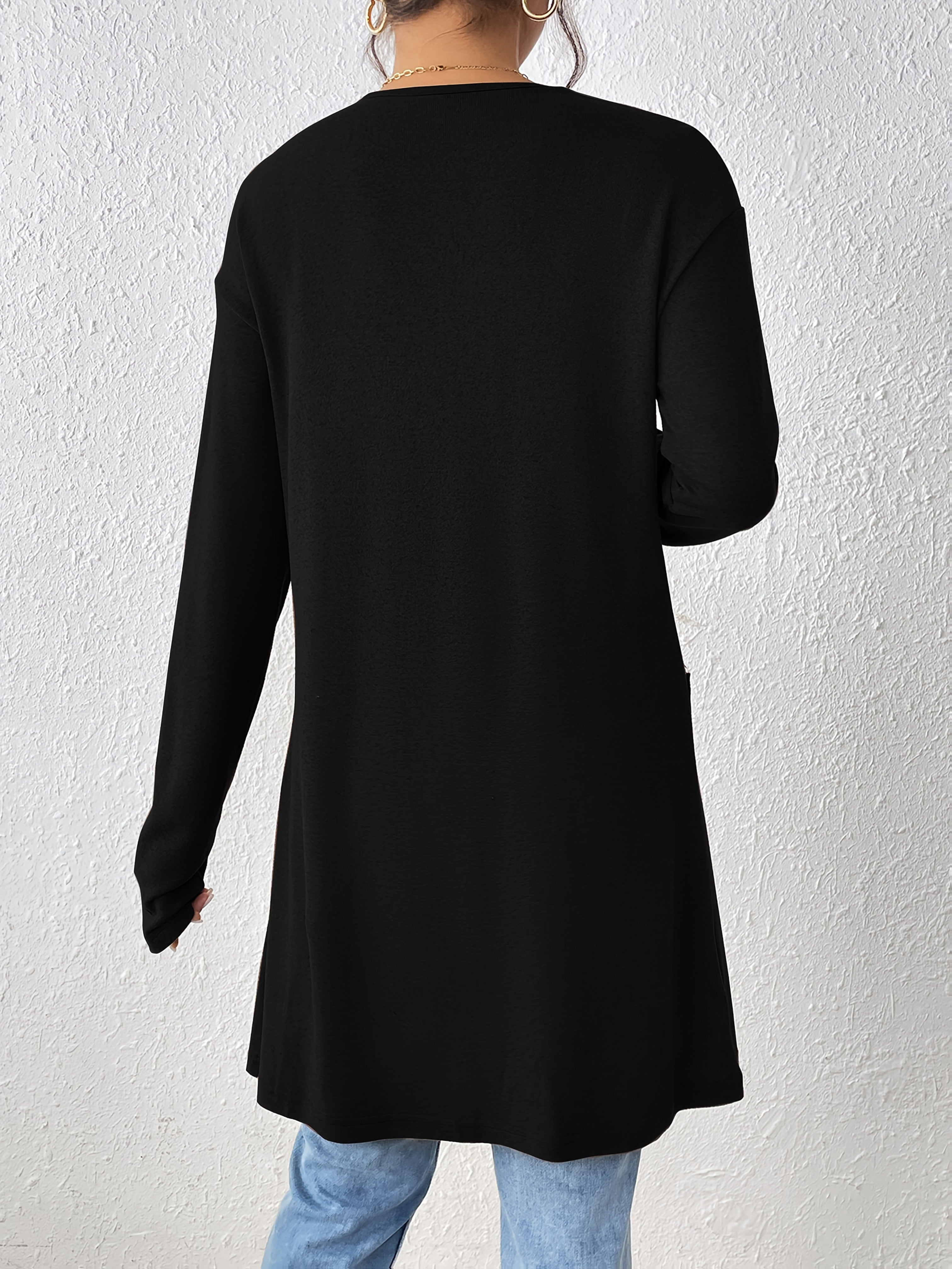 Dual Pockets Open Front Cardigan, Stylish Solid Color Long Sleeve Cardigan For Spring & Fall, Women's Clothing