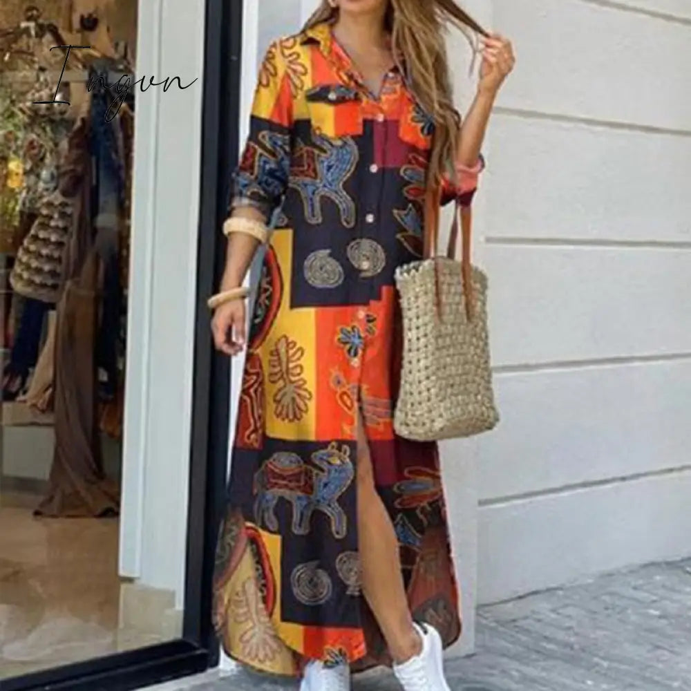 Ingvn - Fashion Women Long Sleeve Shirt Dress Autumn  Printed OL Long Dresses Laides Turn-down Collar Loose Sundress Party Dresses