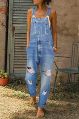 Ingvn -  Washed Ripped Hole Denim Overalls(3 Colors)