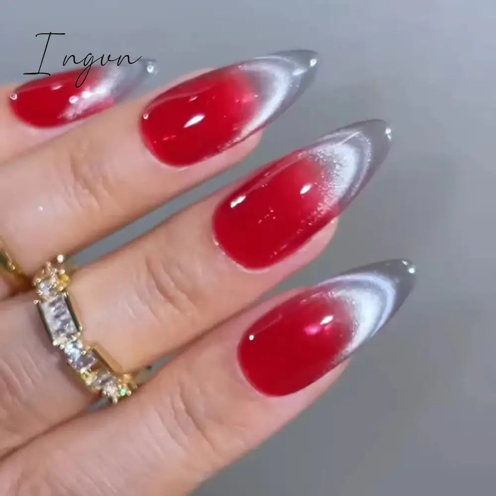 24pcs detachable cat eyes red wine false nails with glue full cover ballet square almond shiny acrylic press on fake nails tips