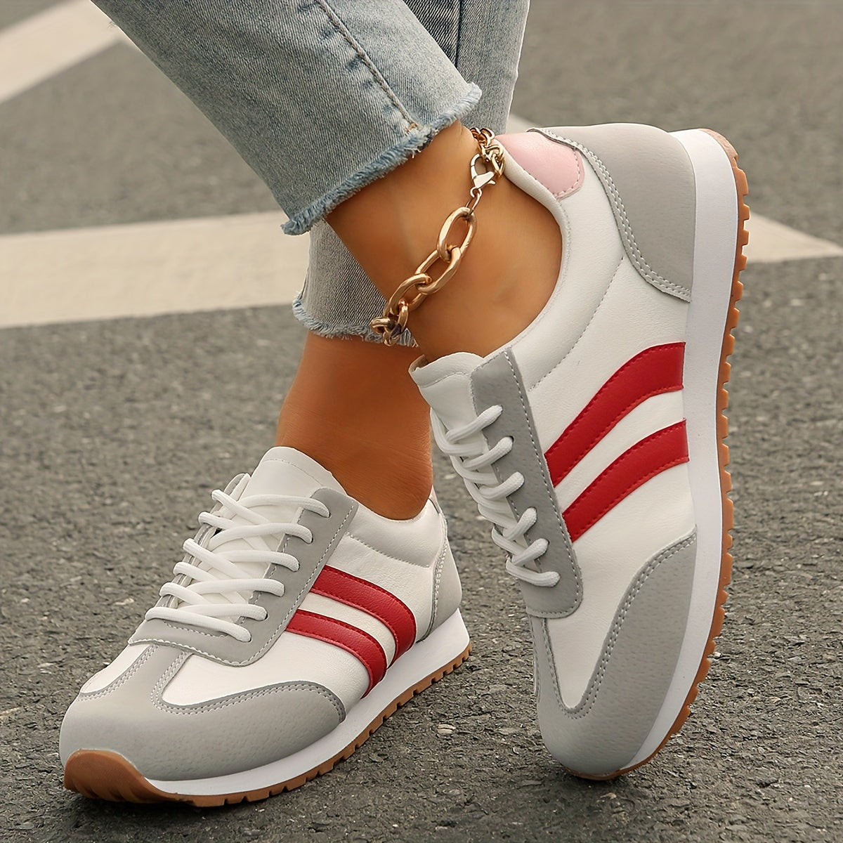 Women's Fashion Sneakers - Breathable & Lightweight, Lace-Up Casual Sneakers with Red & Blue Stripes, Comfortable Soft Sole