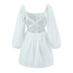 Pphmm outfit inspo Spring New Women's Solid Color off-Neck Back Cross Backless Long Sleeve Lace Short Dress