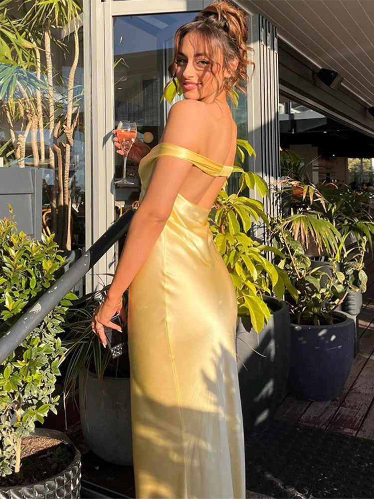Elegant Satin Backless Party Maxi Dress For Women Fashion Off Shoulder Sleeveless Slim Long Robe New Lady Chic Evening Gown