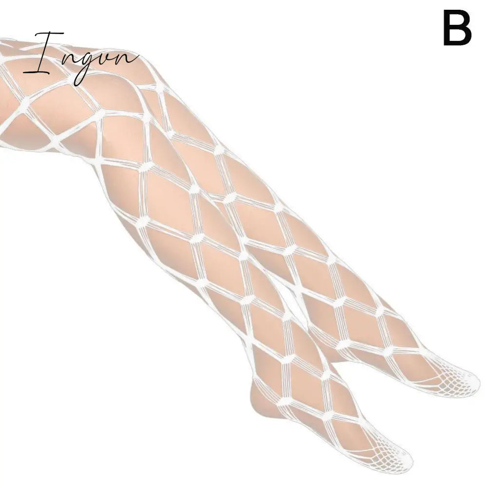 Ingvn - Women Hollow Out Sexy Pantyhose Black White Mesh Tights Stockings Ladies Long Fishnet Stockings Stocking Party Club Hosiery