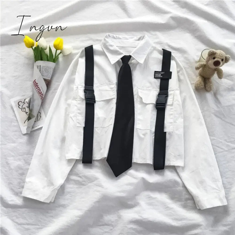 Ingvn - Spring Outfits 2023 Trends Harajuku Women Shirts And Blouses Feminine Tie Pocket Top Casual White Turn-down Collar OL Style Female Blouses Streetwear