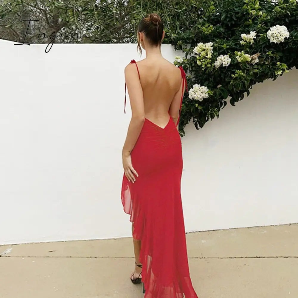 Ingvn - Sexy Cut Out Backless Ruffle Maxi Dresses Elegant Birthday Ruched Slip Dresses Outfits for Women Party Club Robes