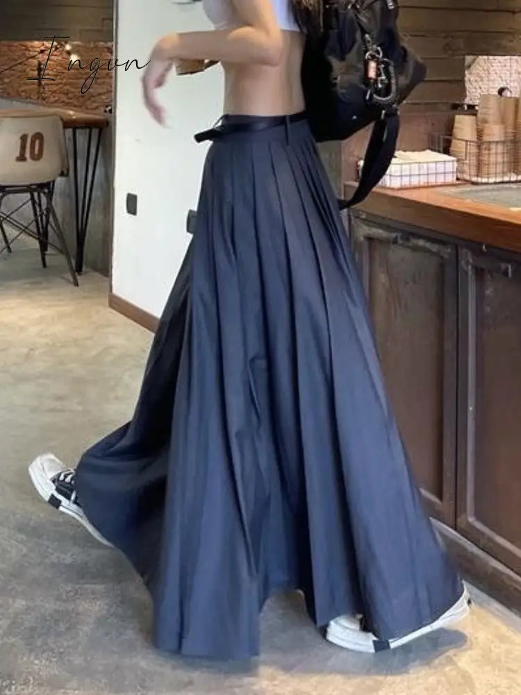 Ingvn - Women Skirts Spring Pleated Floor Length Solid Simple Classic Graceful Popular Newly Young Stylish Cool Korean Style Hot Sale