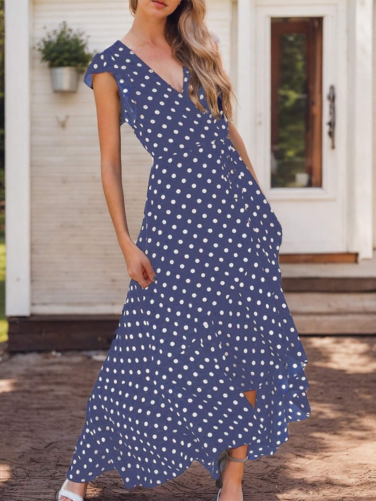 Women's A-Line Dot Polka Print Long Dress V-Neck Wedding Guest, Graduation, Party Maxi Dress