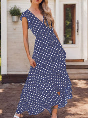 Women's A-Line Dot Polka Print Long Dress V-Neck Wedding Guest, Graduation, Party Maxi Dress