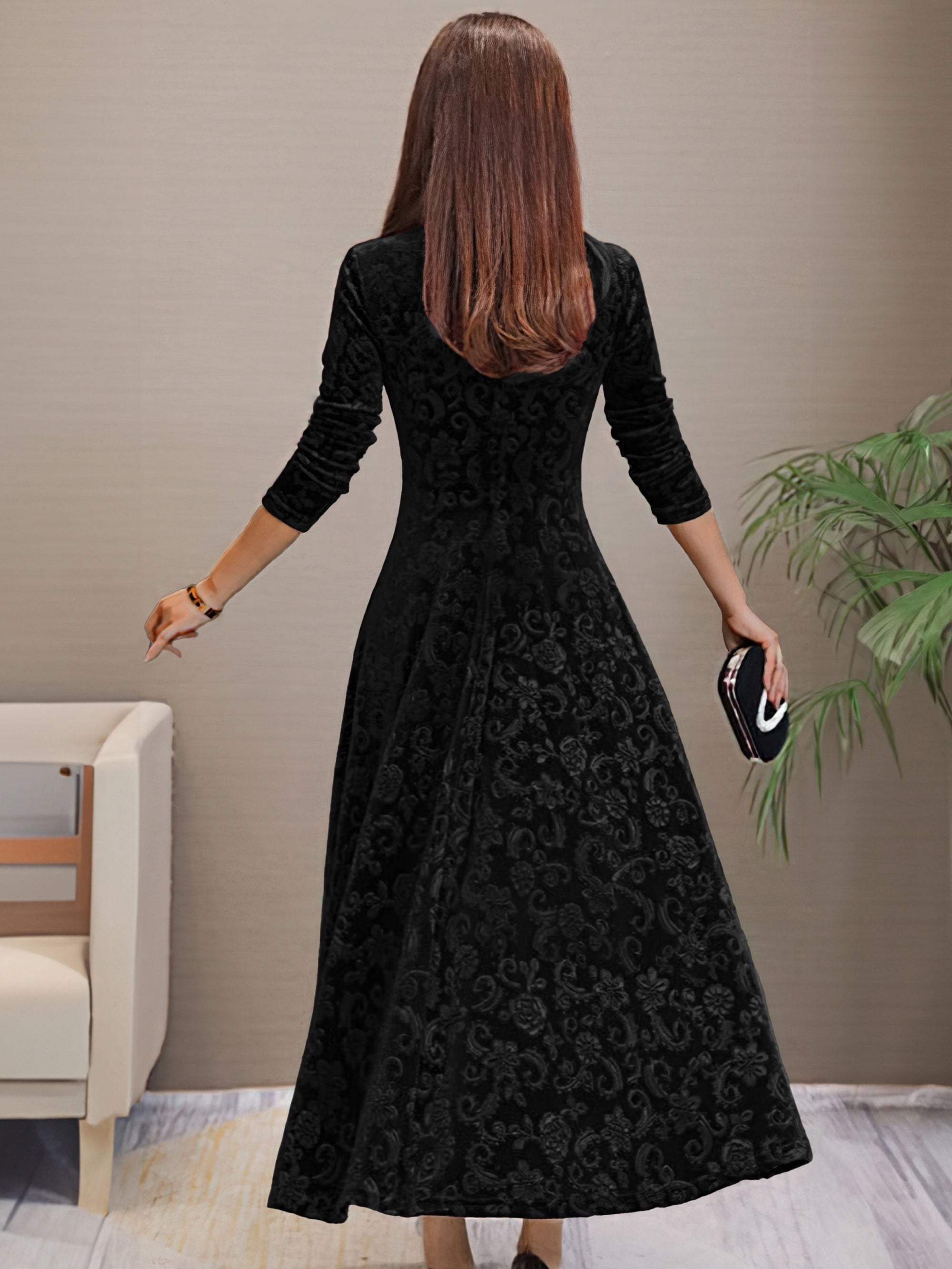 Vibrant Polyester Long Sleeve V-Neck Flared Dress - Elegant, High-Elasticity, Random Print, Machine Washable, All-Season Apparel for Women - Perfect for Spring and Fall Occasions