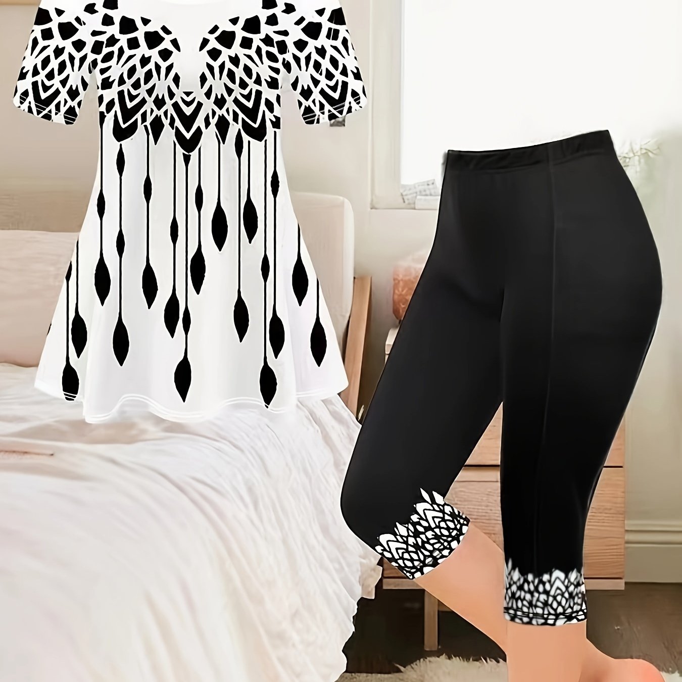 Fashionable Womens Two-Piece Outfit - Vibrant Allover Print T-Shirt & Skinny Capris Leggings Set - Casual, Comfortable, Figure-Flattering - Perfect Everyday Wear