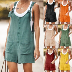 Ingvn - Summer Women Sleeveless Overalls Elegant Jumpsuits Romper Casual Vintage Ladies Short Pants Cotton and linen Wide Leg Pants