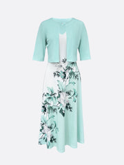 Chic Crop Top and Floral Tank Dress Duo - Versatile Semi-Sheer Half-Sleeve & Full-Length Set - Perfect for Social Outings, Womens Fashion