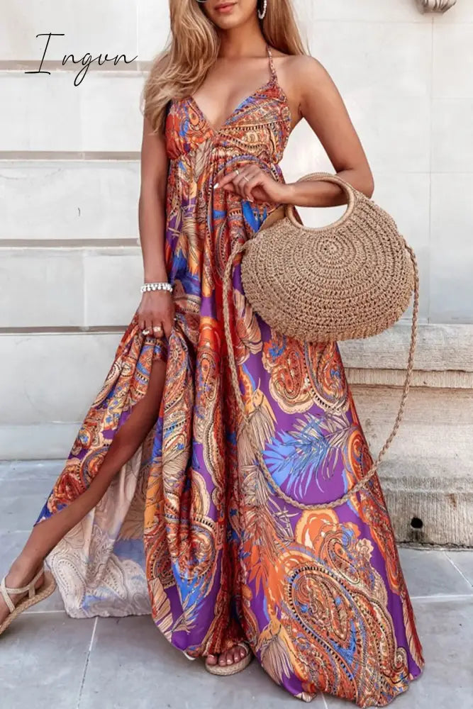 Ingvn - Sexy Bohemian Geometric Print Backless V Neck Sling Dress Dresses