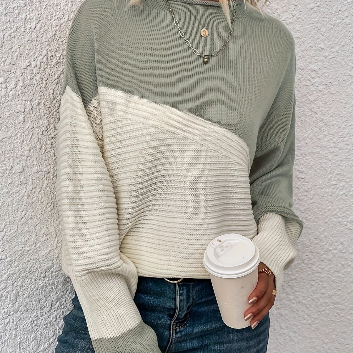 Stylish Color Block Crew Neck Sweater - Pullovers for Women - Soft, Elegant, and Cozy Drop Shoulder Long Sleeve Sweater for Fall and Winter Seasons