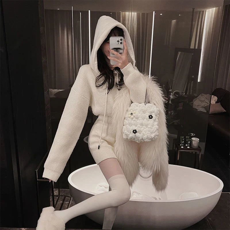 Streetwear Knitted Mini Dress Women Hooded Sweater A Line Dresses Winter Korean Solid High Waist Slim Casual Vestidos New