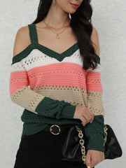 Chic Striped Long Sleeve Cold Shoulder Sweater - Soft, Cozy, Relaxed Fit Pullover for Women - Casual, Versatile, and Comfortable Winter Clothing