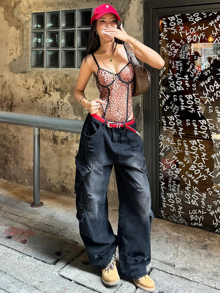 Sexy Leopard Print Bodysuits Women Thin Low-Neck Sleeveless Backless Street Hip-Hop Style Summer Trend Versatile Outfits