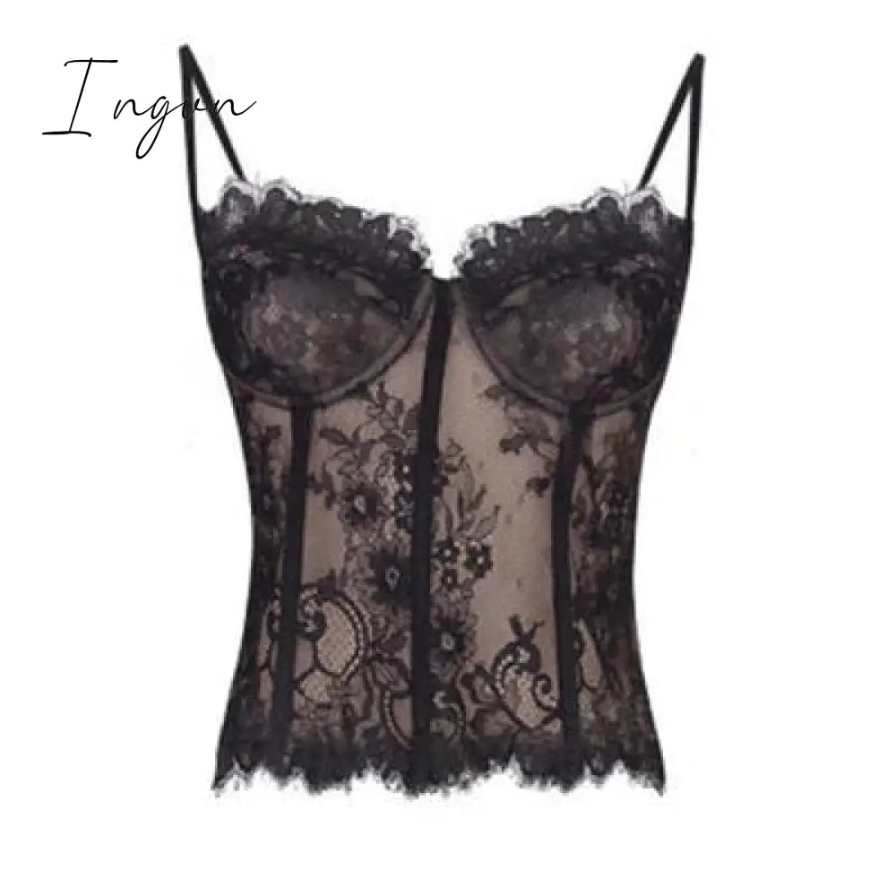 Ingvn - Black French Retro Top Women Summer Women Long Sleeve Mesh Shirt Sexy Slimming Blusas De Mujer Lace Sling Shorts Elegant Set
