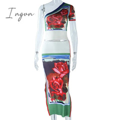 Ingvn - Fashion Print Dress Set Women One Shoulder Crop Top And Midi Skirt Matching Sets Female Bodycon Sexy Two Piece Sets