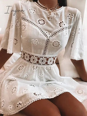 Ingvn - Trends Aproms Elegant White Floral Embroidery Cotton Dress Women Casual High Fashion Backless Short Mni Dresses High Waist Autumn Dress