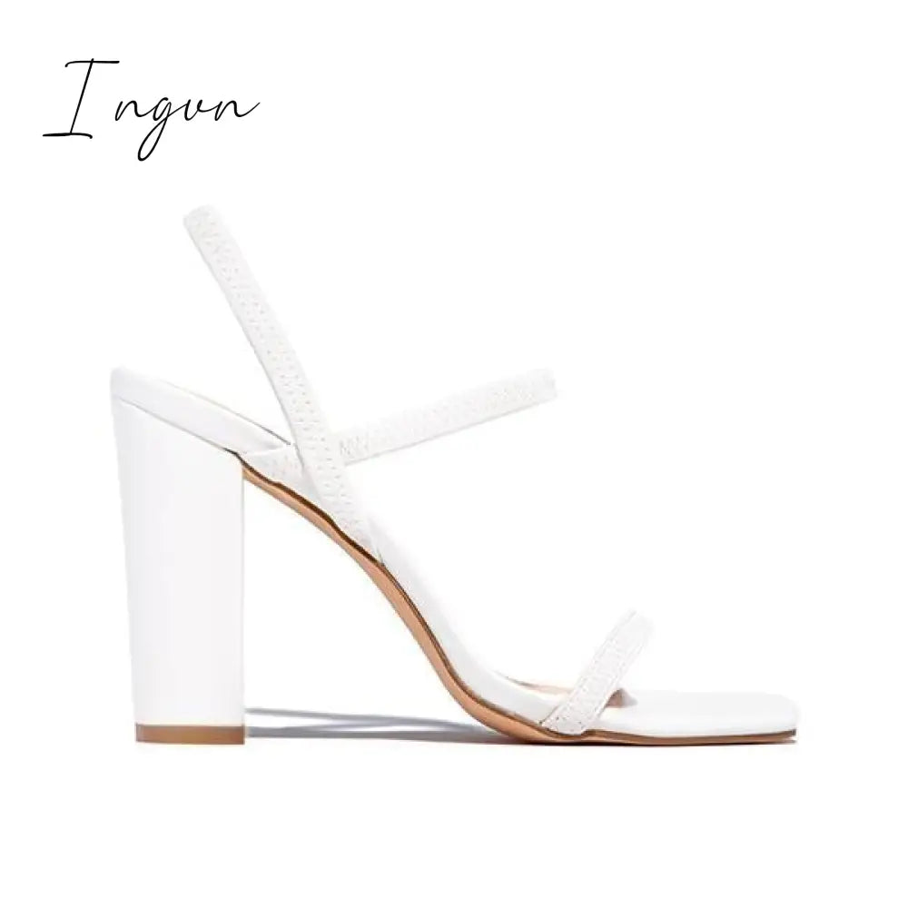 Ingvn - Elastic Straps Squared Toe Chunky Heels
