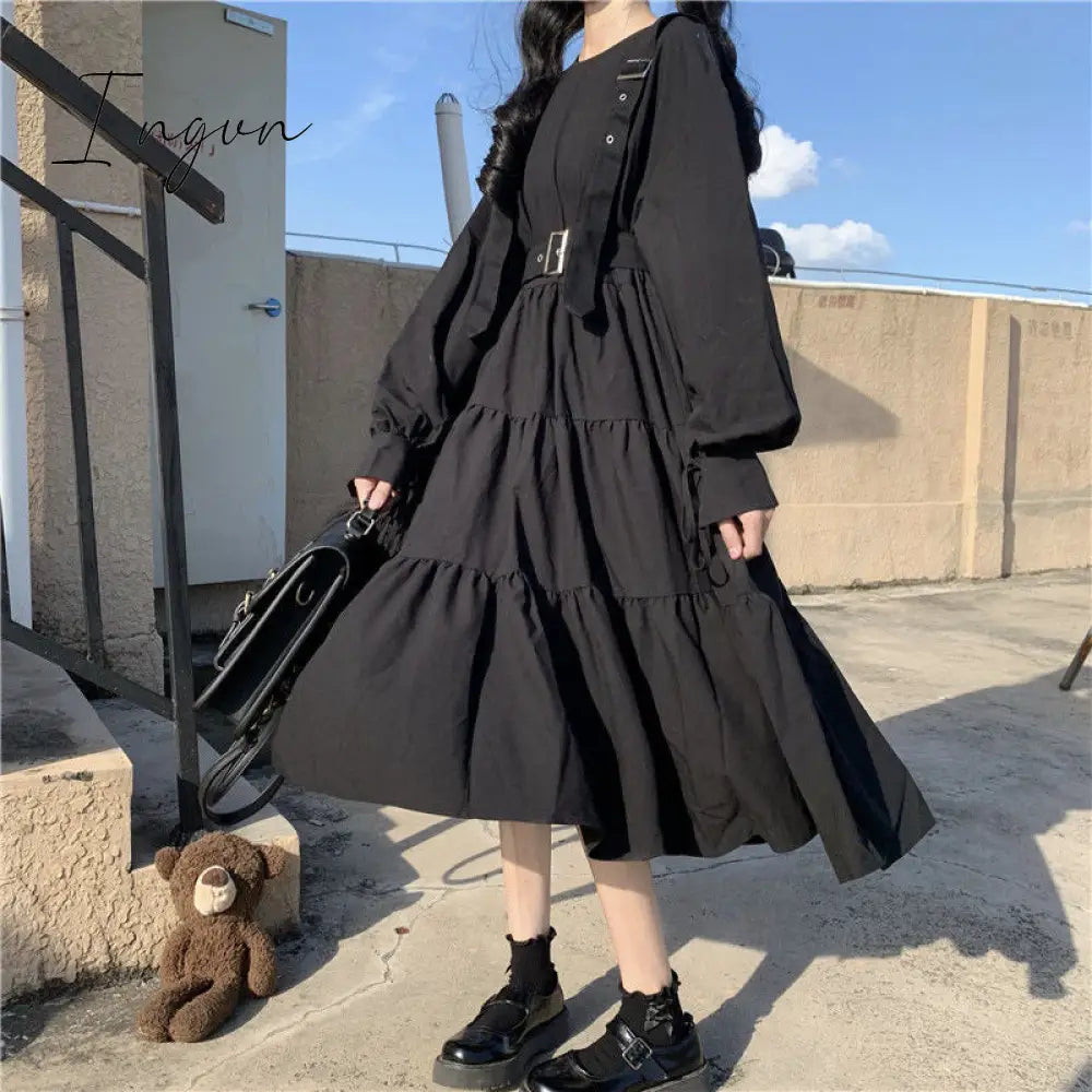 Ingvn - Gothic Style Dress Women Harajuku Gothic Lolita Kawaii Dress Punk Cute Long Sleeve Black Midi Dress Emo Mall Goth