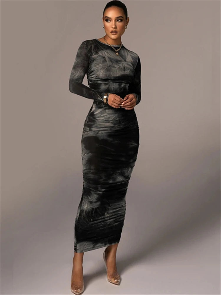 Tie-Dye Print Ruched Christmas Dress For Women Long Sleeve Sexy Bodycon Winter Dress Elastic Pleated Casual Party Dress