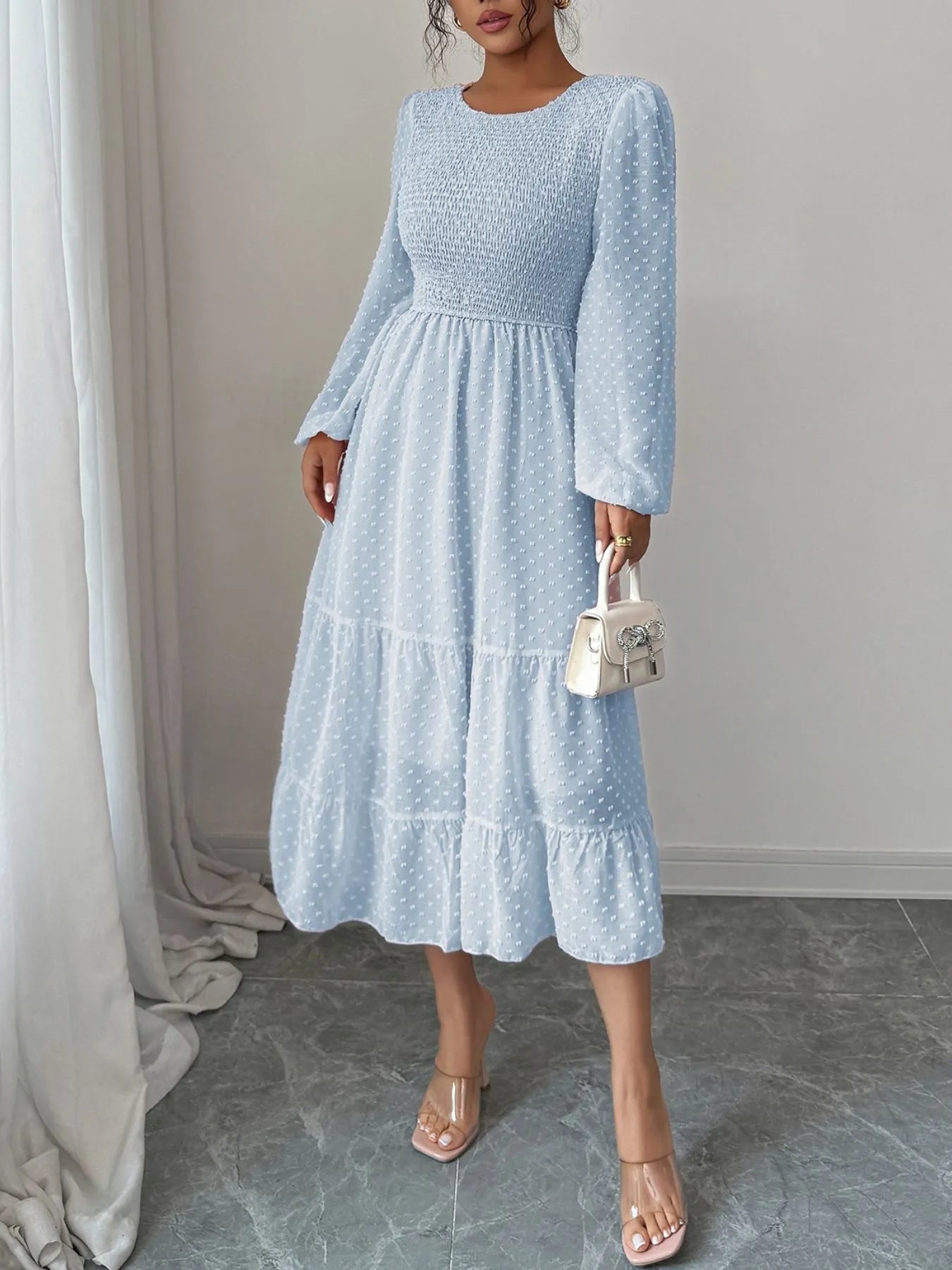 Polka Dot Long Sleeve Tiered Midi Dress
