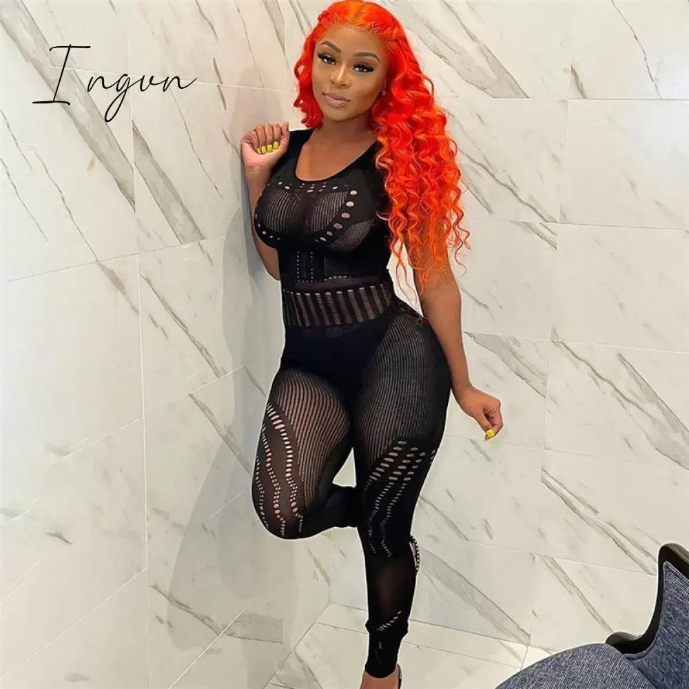 Ingvn - Hollow Out Knitted Mesh Jumpsuits Women Sexy See Through Long Sleeve Hipster Stretchy Skinny Overalls Clubwear Romper