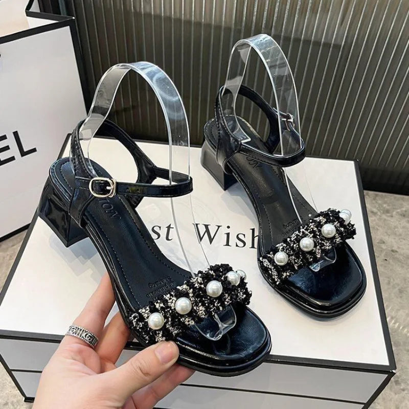 Sandals for Woman Thick Heel Block Women's Shoes Leather Summer One Word Open Toe Footwear Chunky Vip Sandal The Best