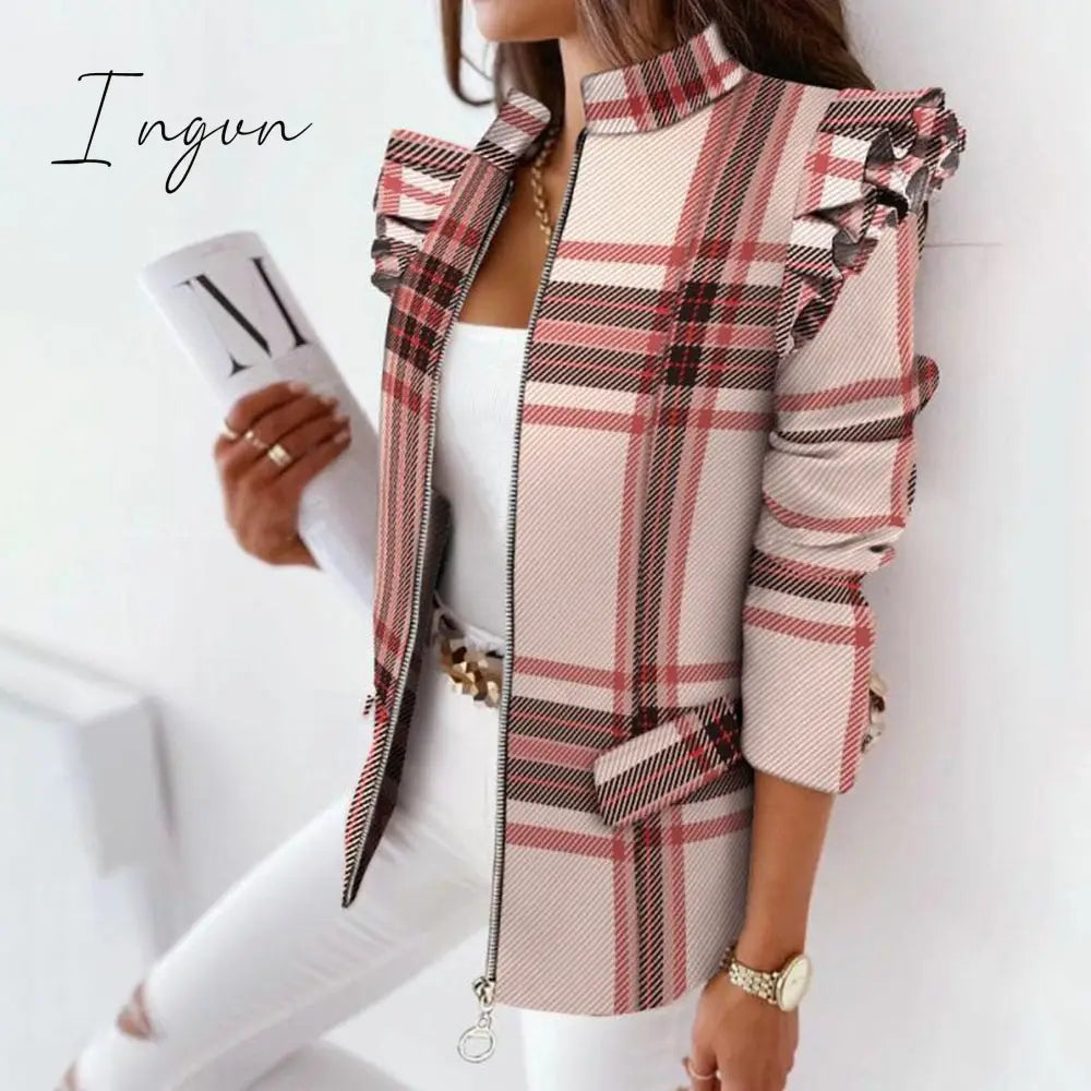 Ingvn - Casual Plaid Zip Blazer Jacket Women Spring Fall Long Sleeve Stand Neck Slim Coats Elegant Leopard Ruffle Office Suit Coat