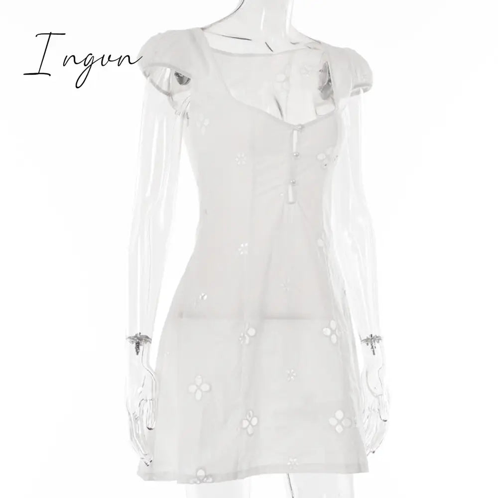 Ingvn - Square Collar Black Mini Dresses 2023 Summer Sexy High Waist Short Sleeve Beachwear Bodycon Hollow Out Sundress Female Ingvn