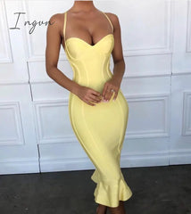 Ingvn - High Quality Pink Yellow Knee Length Rayon Bandage Dress Evening Party Elegant Dress