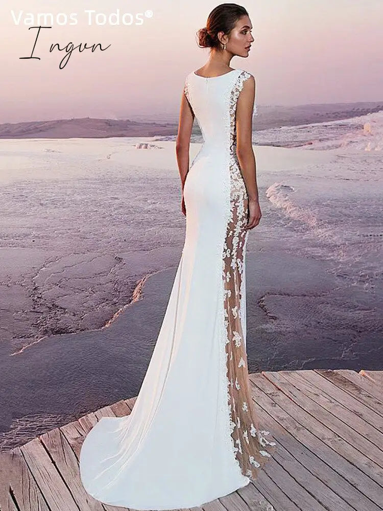 Ingvn - Floor Length Long Dresses For Women Party Wedding Evening Clothes Sleeveless Vintage Vestido Feminino Lace White Dress Elegant