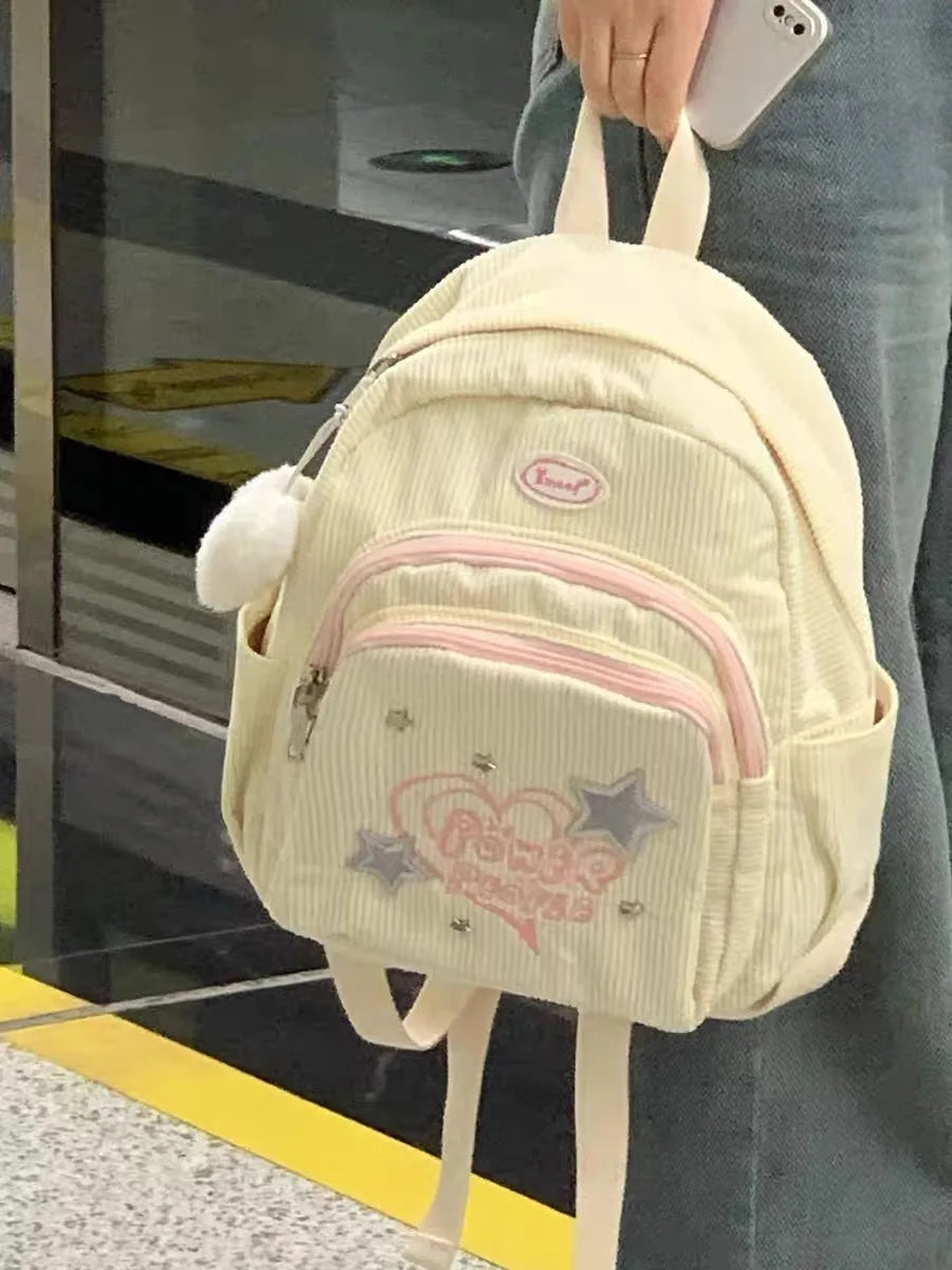 INGVN  Sweet Cute Backpack for Women Heart Star Letter White Corduroy Handbag New College Style Fresh Casual Fashion Shoulder Bag