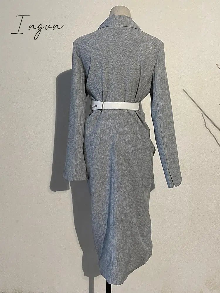 Ingvn - Women Gray Pleated Knot Long Elegant Dress New V-collar Long Sleeve Loose Fit Fashion Tide Spring Summer 2023