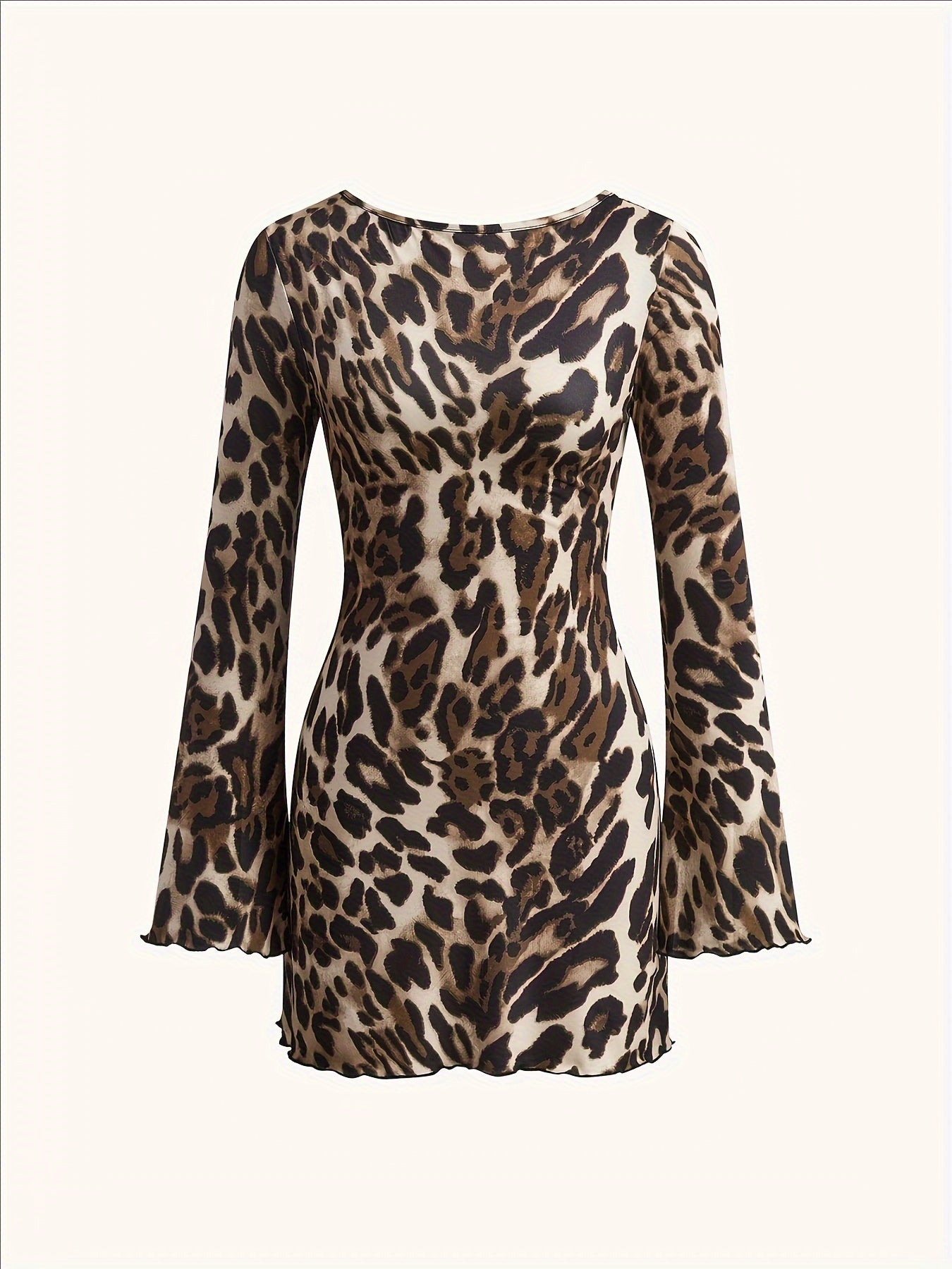 1pc Leopard Print Backless Tie-Back Dress, Polyester Knit Fabric, Crew Neck, Fitted Long Sleeve for All Seasons, Adult Women