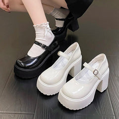 High Heels Platform Chunky Pumps Women Pu Leather Ankle Buckle Mary Jane Shoes Woman Thick Heeled Goth Lolita Shoes Female